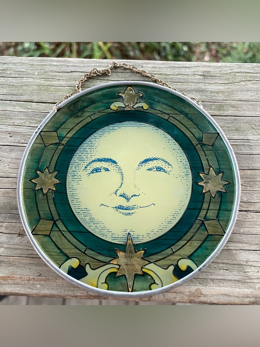 Vintage Celestial “Man in the Moon “ Stained Glass Suncatcher